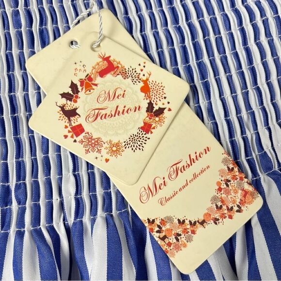 MEI Fashion NWT Off The Shoulder Smocked Striped Mini Dress Women’s S/M - Picture 3 of 9